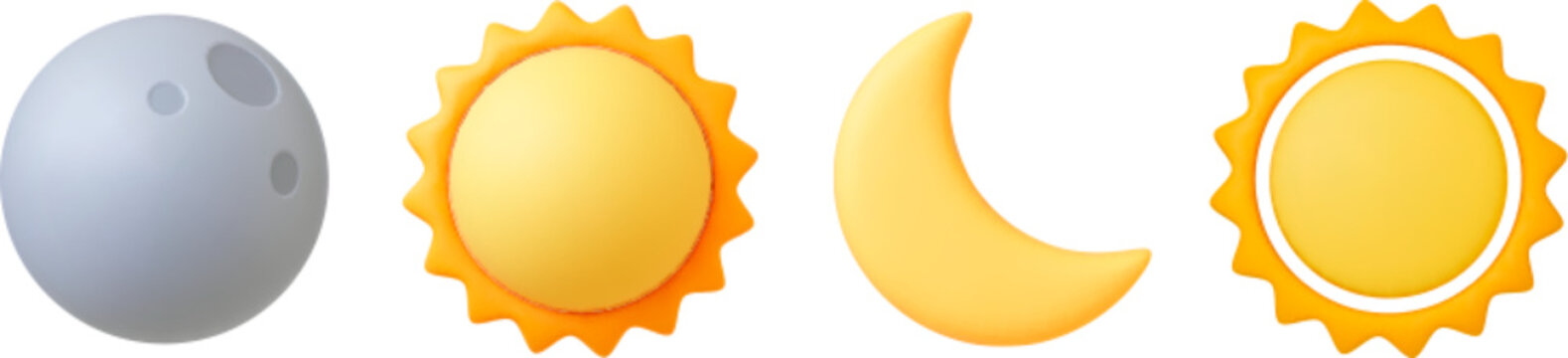 Various 3d sun and moon, crescent isolated icon. Realistic render of star and planet, full gray moon and yellow sunny. Celestial vector elements