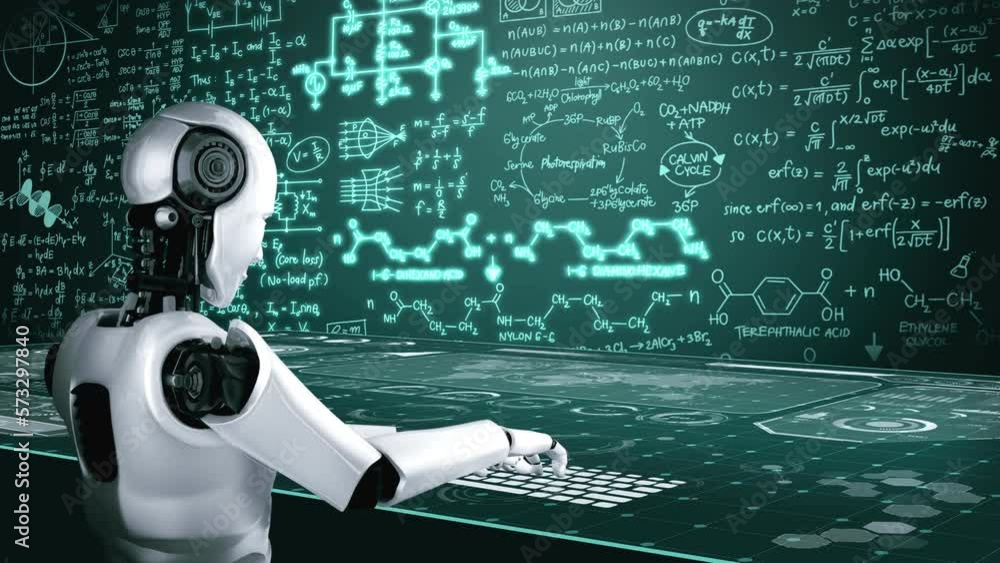 Poster robot hominoid use laptop and sit at table for engineering science studying using ai thinking brain 