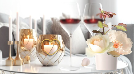  Burning candles ,white roses and glasses of wine for Valentine's Day on table in  modern white living room, closeup,romantic background ,generated ai