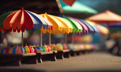 A row of colorful umbrellas shading a bustling sidewalk cafe