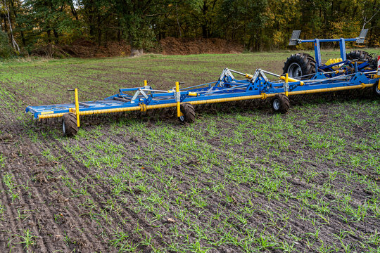 Mechanische Unkrautbek&auml;mpfung mit einem Pr&auml;zisionstriegel auf einen Acker.