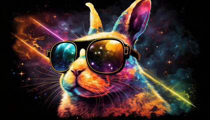Psychedelic fantasy Cool bunny with sunglasses in space Generative AI
