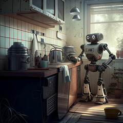 house assistant robot washing dishes in the house with a modern light design. created using Generative All Technology