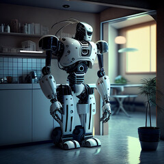 house assistant robot washing dishes in the house with a modern light design. created using Generative All Technology