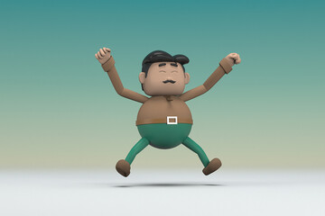 The man  with mustache wearing a brown long shirt green pants. He is jumping. 3d rendering of cartoon character in acting.