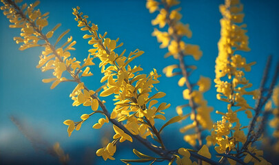 A cluster of yellow forsythia flowers, with their bright petals standing out against a blue sky