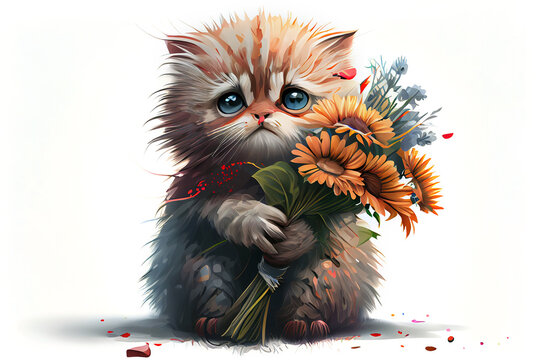 cat with sad eyes and a bouquet of flowers isolated on white background, generative ai