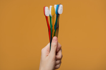 A woman's hand holds a lot of multi-colored toothbrushes on a yellow background.