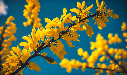 A cluster of yellow forsythia flowers, with their bright petals standing out against a blue sky