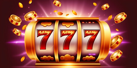 Casino banner, slot machine with 777 symbols and golden coin. Generation AI - obrazy, fototapety, plakaty