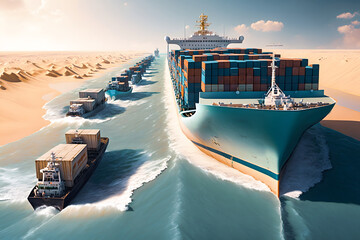 Concept Global problem with marine traffic. Container cargo ship ran aground, crash accident. Generation AI