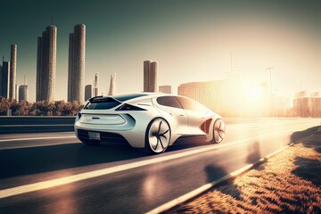Electric sport car running on the morning road in future city Created with Generative AI technology.