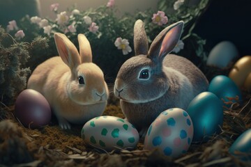 Cute easter bunny with colored eggs. Generative AI.
