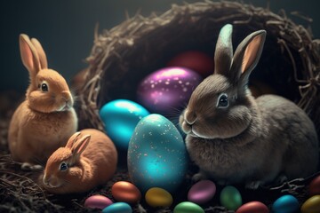Fototapeta na wymiar Cute easter bunny with colored eggs. Generative AI.