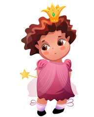 A modest dark-haired girl with big eyes in a pink festive dress. Charming little girl dressed as a princess holds a magic star wand behind her back. On the head is a beautiful crown.