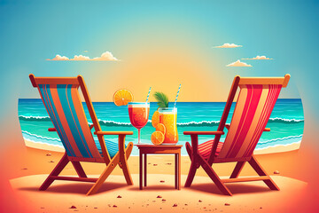 Obraz na płótnie Canvas Stühle mit Cocktail am Strand mit Meerblick Illustration, Sommerurlaub