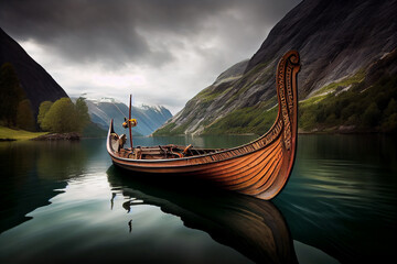 Viking ship in a picturesque place. AI generated