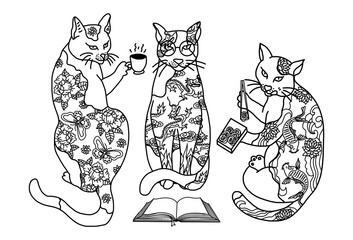 Line Art Japanese cats Traditional tattooing style Illustration, Cat drinking tea, reading a book and eating sushi 