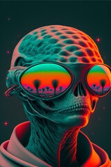 Portrait of alien with sunglasses with reflection of dessert. Concept of UFO and science-fiction. Generative AI.
