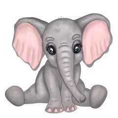 Cute baby elephant illustration. Hand drawn watercolor illustration of sitting little elephant. Design for nursery wall art, textile, greeting cards, invitations, wallpapers.