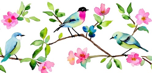 colorful birds. pink flower. minimalist. pastel color style. watercolor style painting