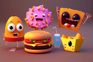 Cute Cartoon Food Characters. Created with Generative AI Technology