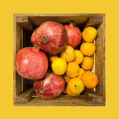 wooden box or grocery basket with grapefruit and tangerines. Grocery set. Top view