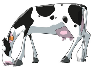Vaca holstein blanca y negra lechera aislada pastanto en vista lateral estilo cartoon