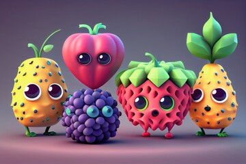 Cute Cartoon Fruit Characters. Created with Generative AI Technology