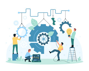 Teamwork for business improvement vector illustration. Cartoon tiny people of maintenance and support team work with settings, worker moving gear and system of enterprise mechanism, holding light bulb