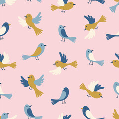 Obraz na płótnie Canvas Spring theme seamless pattern with abstract hand drawn birds. Vector illustration.