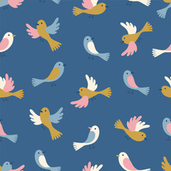 Spring theme seamless pattern with abstract hand drawn birds. Vector illustration.