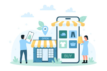 Mobile phone app for shopping vector illustration. Cartoon tiny people with smartphone buy fashion clothes and shoes in catalog of online retail store, search product in marketplace category and sales - obrazy, fototapety, plakaty