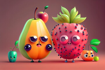Cute Cartoon Fruit Characters. Created with Generative AI Technology