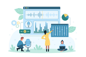 Sound editing, music production vector illustration. Cartoon tiny people edit digital sound with visual interface and sliders, work with editor software, mix audio waves and equalizer graph on screen
