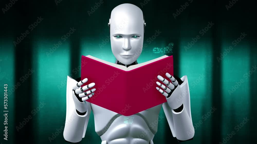 Poster 3d rendering of robot hominoid reading book and solving math data analytics in concept of future mat