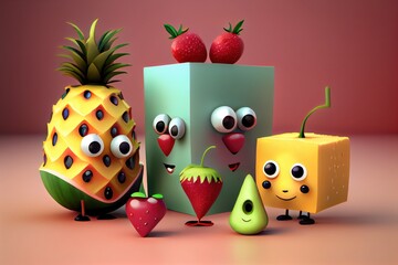 3D Illustration of Cute Cartoon Fruit Characters. Created with Generative AI Technology