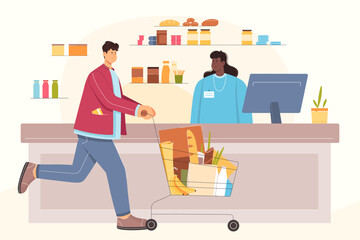 Checkout at cashier counter of grocery store, supermarket vector illustration. Cartoon man pushing cart full of food to pay and buy products at cashier desk with computer, customer in hypermarket