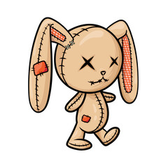 Crazy voodoo rabbit. Colored cute evil rabbit isolated. Sewn voodoo bunny walking through. Vector illustration. Stitched thread funny zombie monster. Design for stickers, cards, invitations.