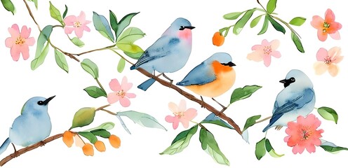pair of blue birds. colorful birds. orange flowers. minimalist. pastel color style. watercolor style painting