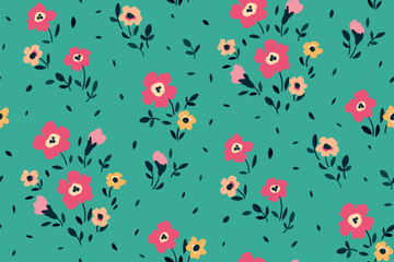 Seamless floral pattern, liberty ditsy print with cute tiny flowers. Pretty botanical design with small hand drawn plants: flowers, leaves on a blue background. Vector illustration.