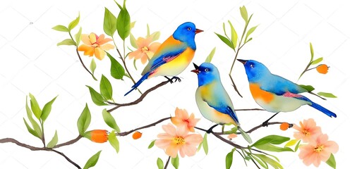 Fototapeta na wymiar pair of blue birds. colorful birds. orange flowers. minimalist. pastel color style. watercolor style painting
