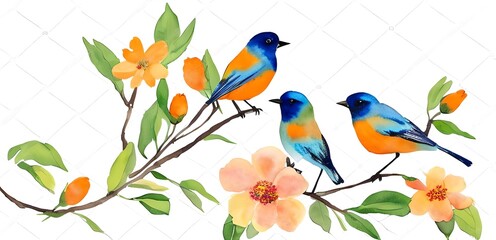 Fototapeta na wymiar pair of blue birds. colorful birds. orange flowers. minimalist. pastel color style. watercolor style painting