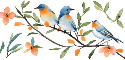 pair of blue birds. colorful birds. orange flowers. minimalist. pastel color style. watercolor style painting