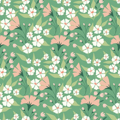Seamless floral pattern with gentle spring garden. Cute ditsy print, beautiful botanical design with hand drawn wild plants: small flowers, leaves, branches on a green background. Vector illustration.