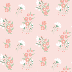 Fototapeta na wymiar Seamless floral pattern, cute flower print with rustic motif. Pretty botanical design in pastel colors: bunches of wild flowers, leaves and herbs on a delicate pink background. Vector illustration.