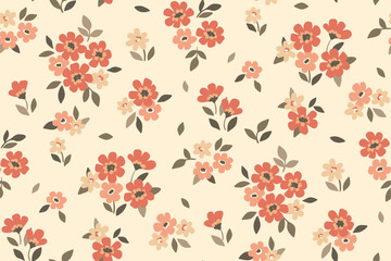 Seamless floral pattern, cute ditsy print with tiny plants in natural colors. Pretty botanical design, liberty arrangement of small hand drawn flowers, leaves on light background. Vector illustration. © Yulya i Kot