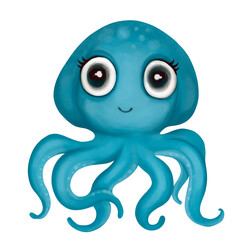 Cute baby blue octopus illustration. Hand drawn watercolor illustration of a little cartoon baby octopus. Design for nursery wall art, textile, greeting cards, invitations, wallpapers.