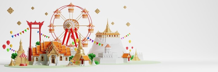 3d Songkran festival background in thailand water festival 3d with with blue water splash,thai architecture. ( Translation thai : Songkran Thailand )
