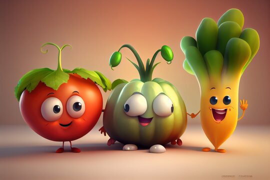 3D Illustration of Cute Cartoon Vegetables Characters. Created with Generative AI Technology